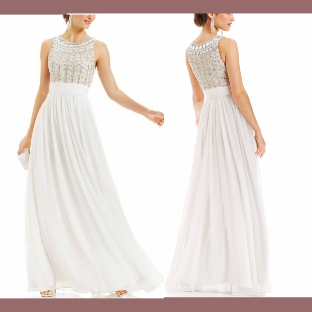 NEW JS Collections Halter‎ Embellished Chiffon Gown in Ivory-White [SZ 6 ]
